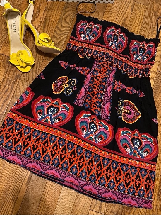 Angie Dresses & Skirts - Bohemian Black Strapless Short Maxi Dress with Red and Pink Multicolor Print